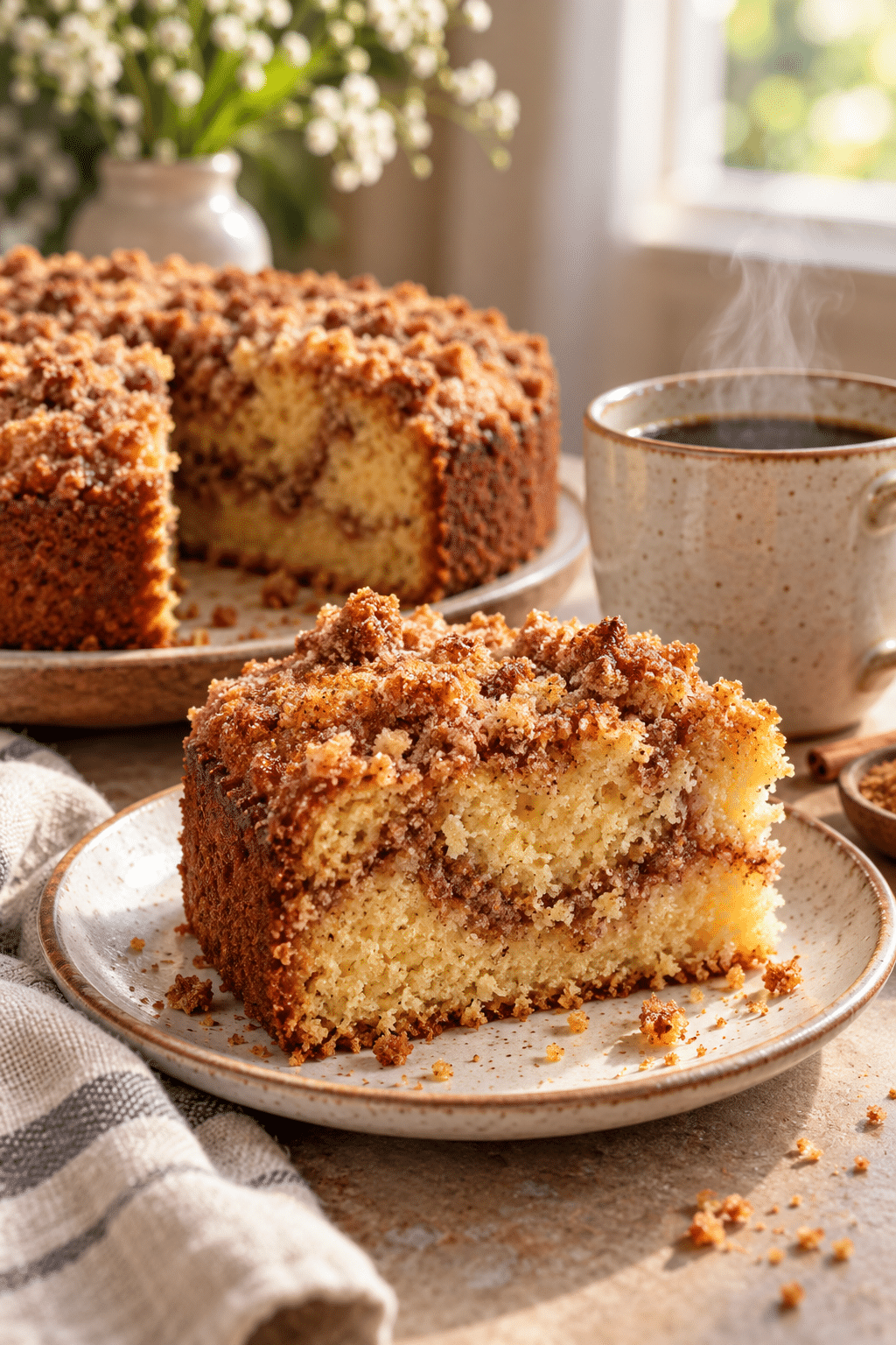 sliced quick coffee cake showing the cinnamon crumb topping