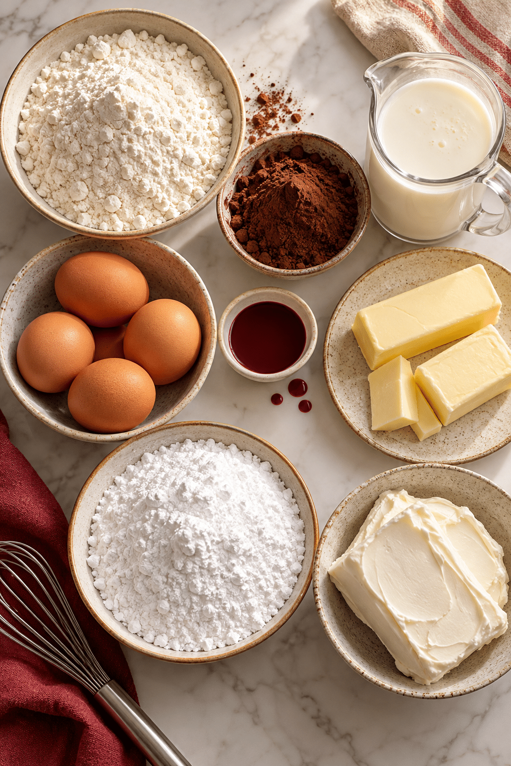 Red velvet cake ingredients arranged on a kitchen counter