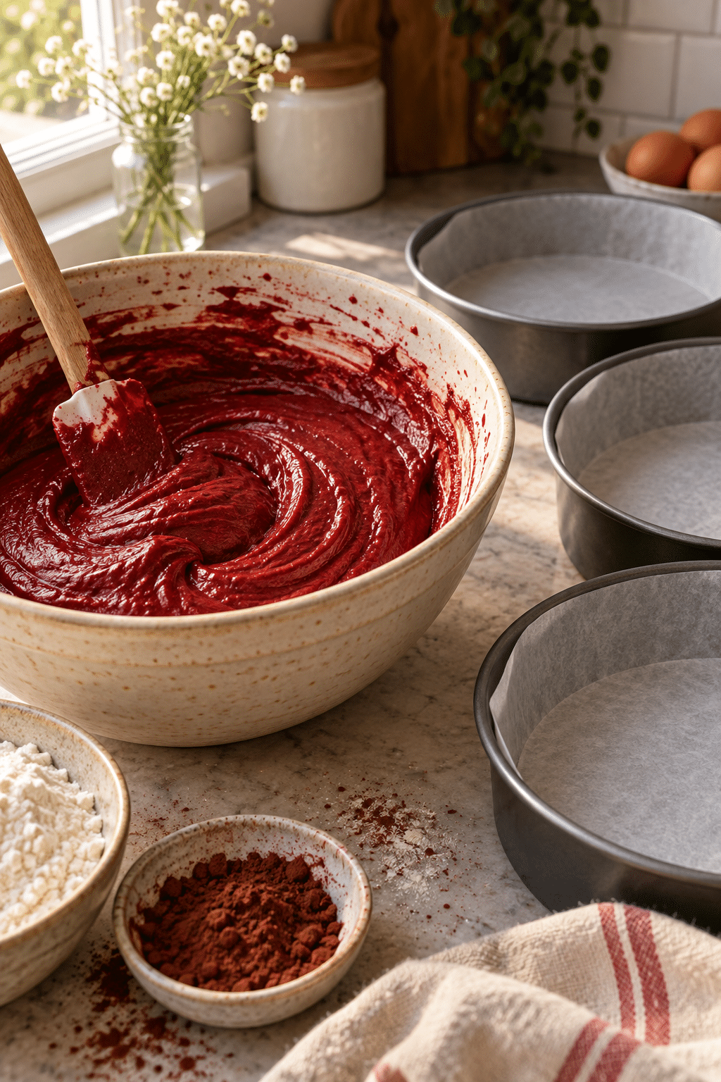 Red velvet cake batter being prepared for baking