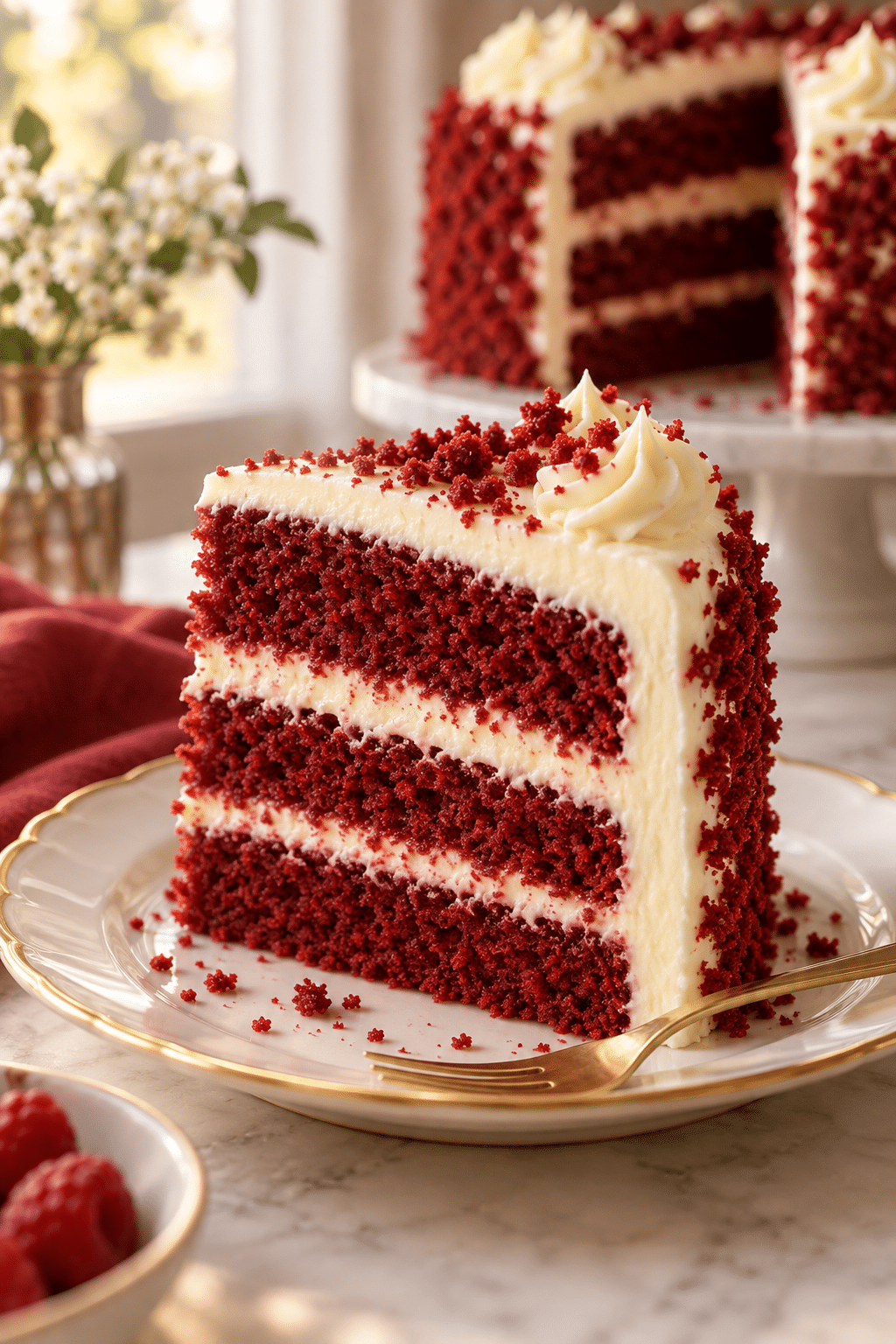 Sliced red velvet cake with cream cheese frosting