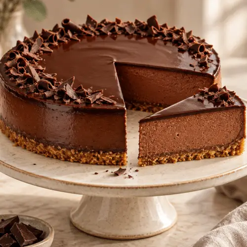 Rich no bake chocolate cheesecake with a chocolate biscuit base