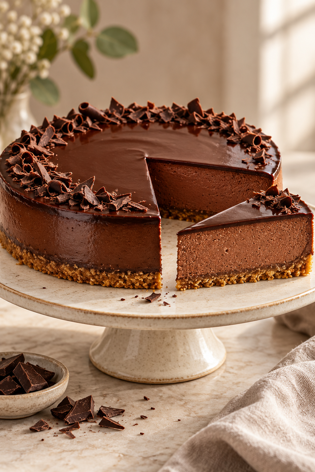 Rich no bake chocolate cheesecake with a chocolate biscuit base