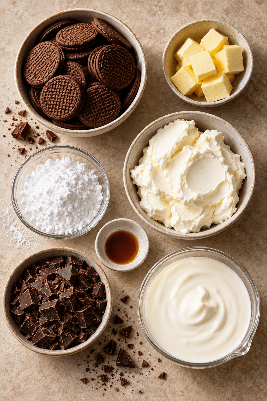 No bake chocolate cheesecake ingredients arranged for the recipe