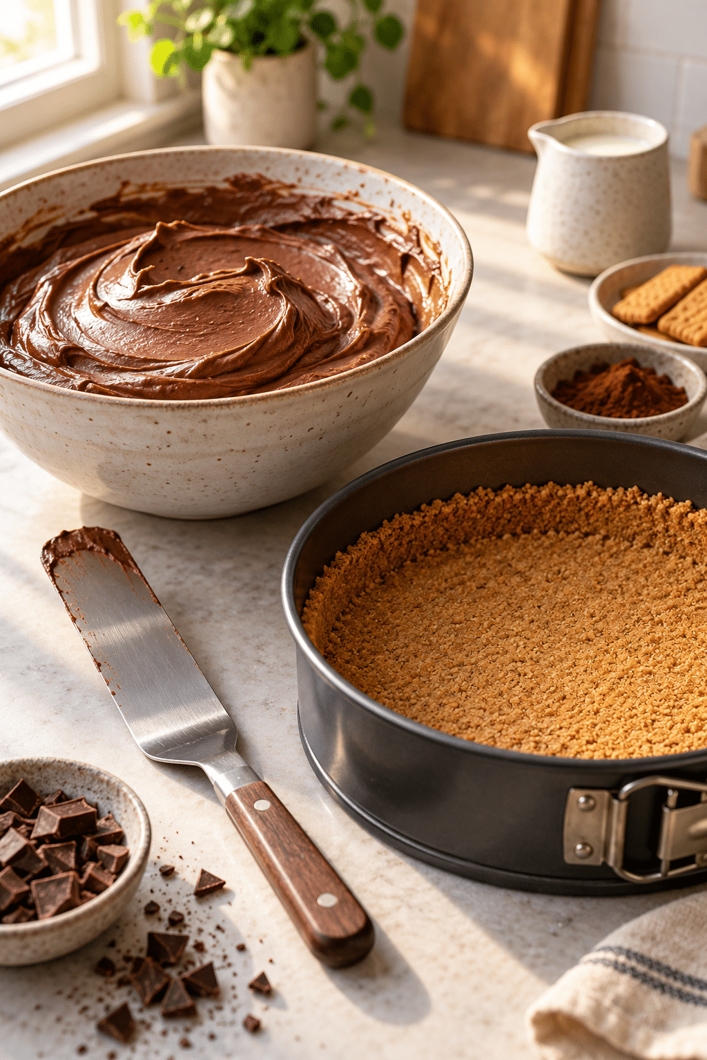 No bake chocolate cheesecake filling being folded and spread