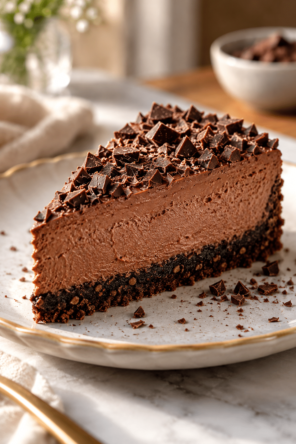 A chilled slice of no bake chocolate cheesecake ready to serve