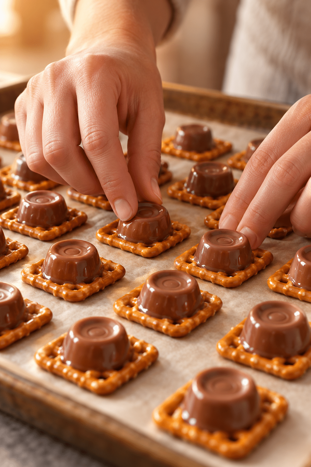 Softened Rolos pressed onto baked pretzels