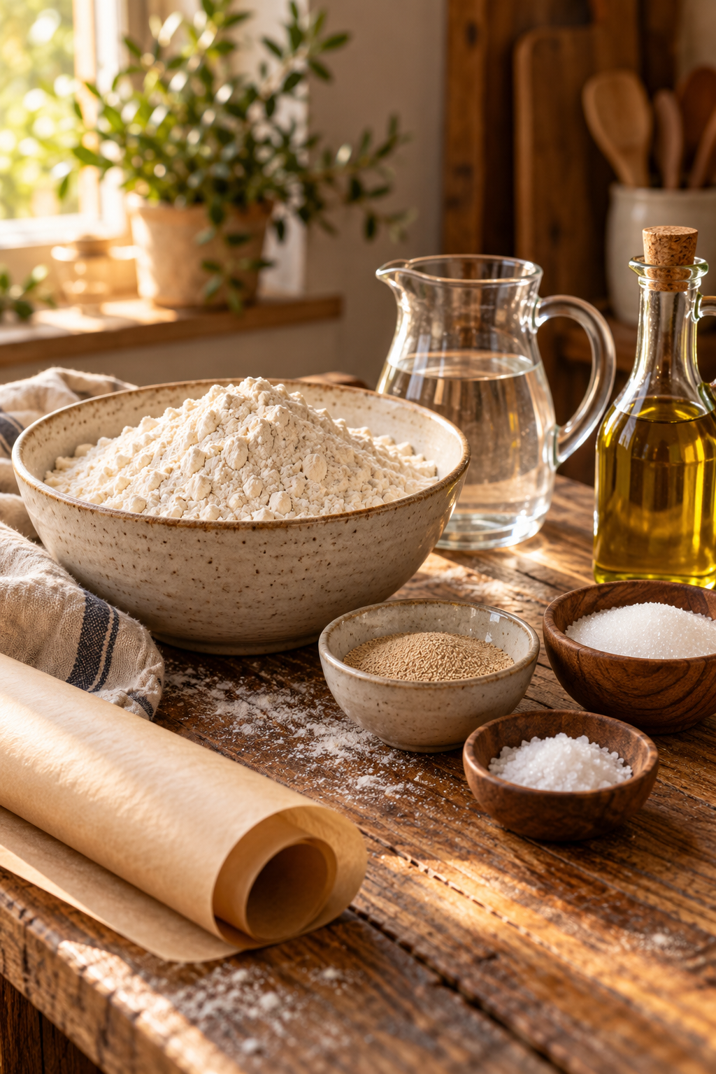 Rustic slow cooker bread ingredients measured and arranged