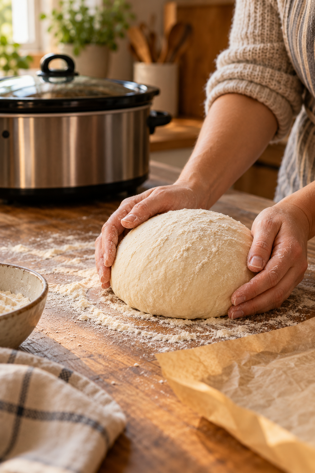 Rustic slow cooker bread dough being shaped before cooking