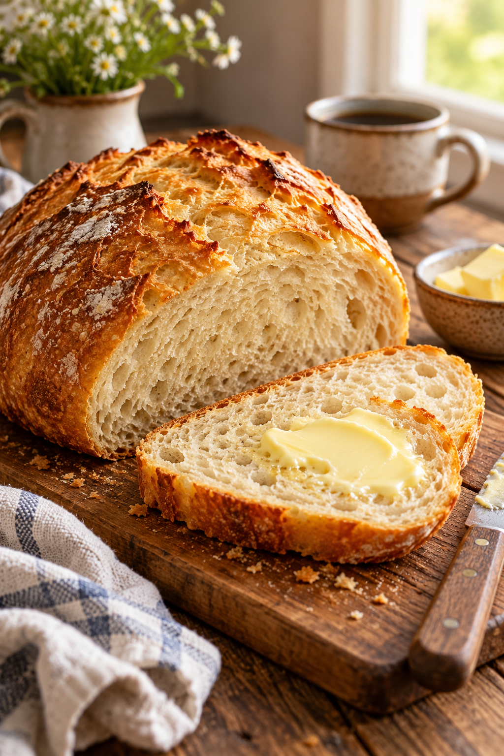 Finished rustic slow cooker bread sliced for serving