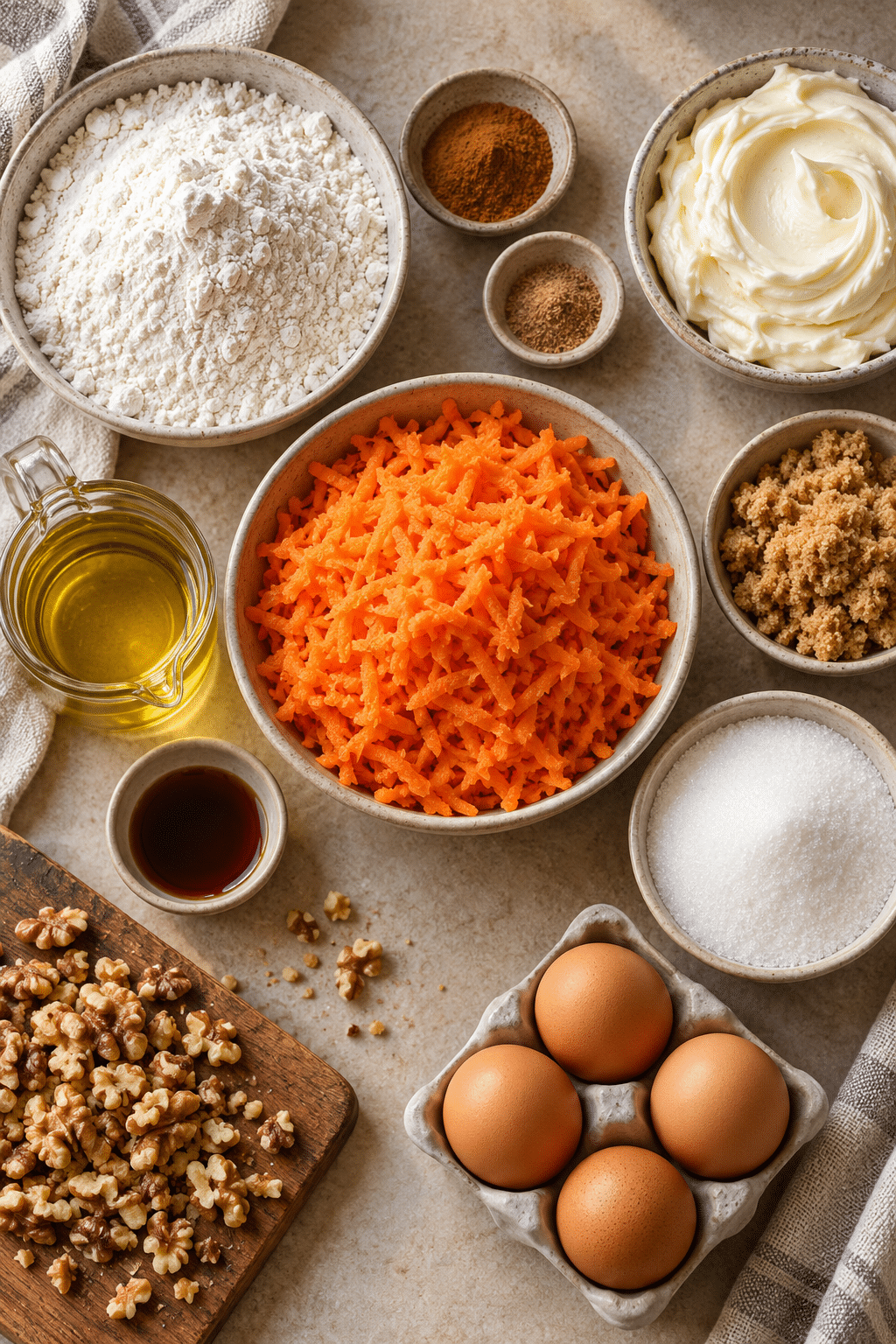 carrot cake ingredients measured and arranged
