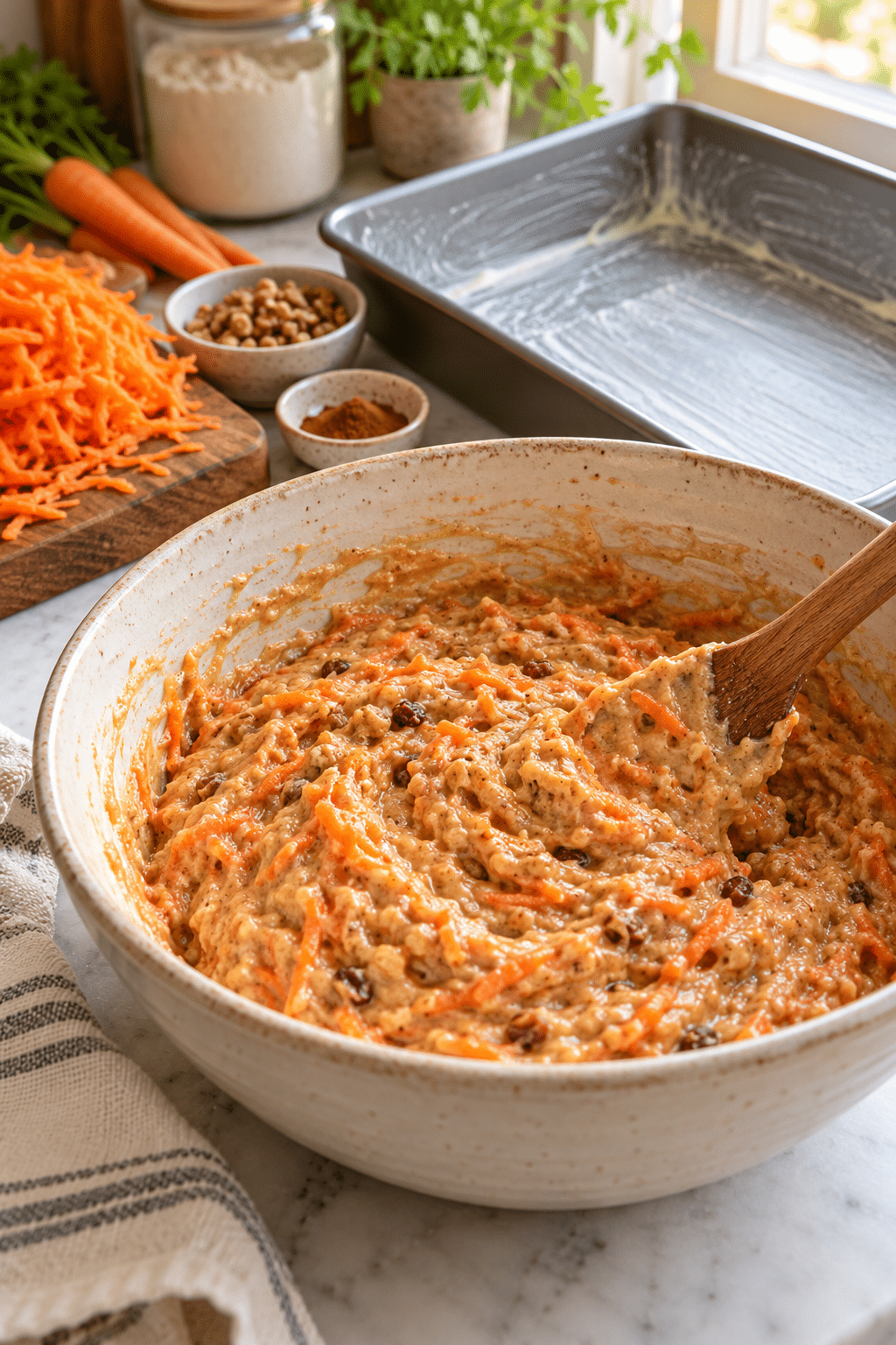 carrot cake batter being prepared