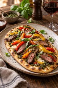 sirloin steak flatbread with pesto and bell peppers