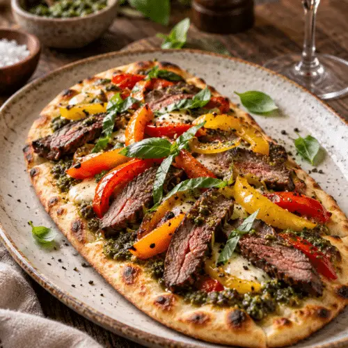 sirloin steak flatbread with pesto and bell peppers