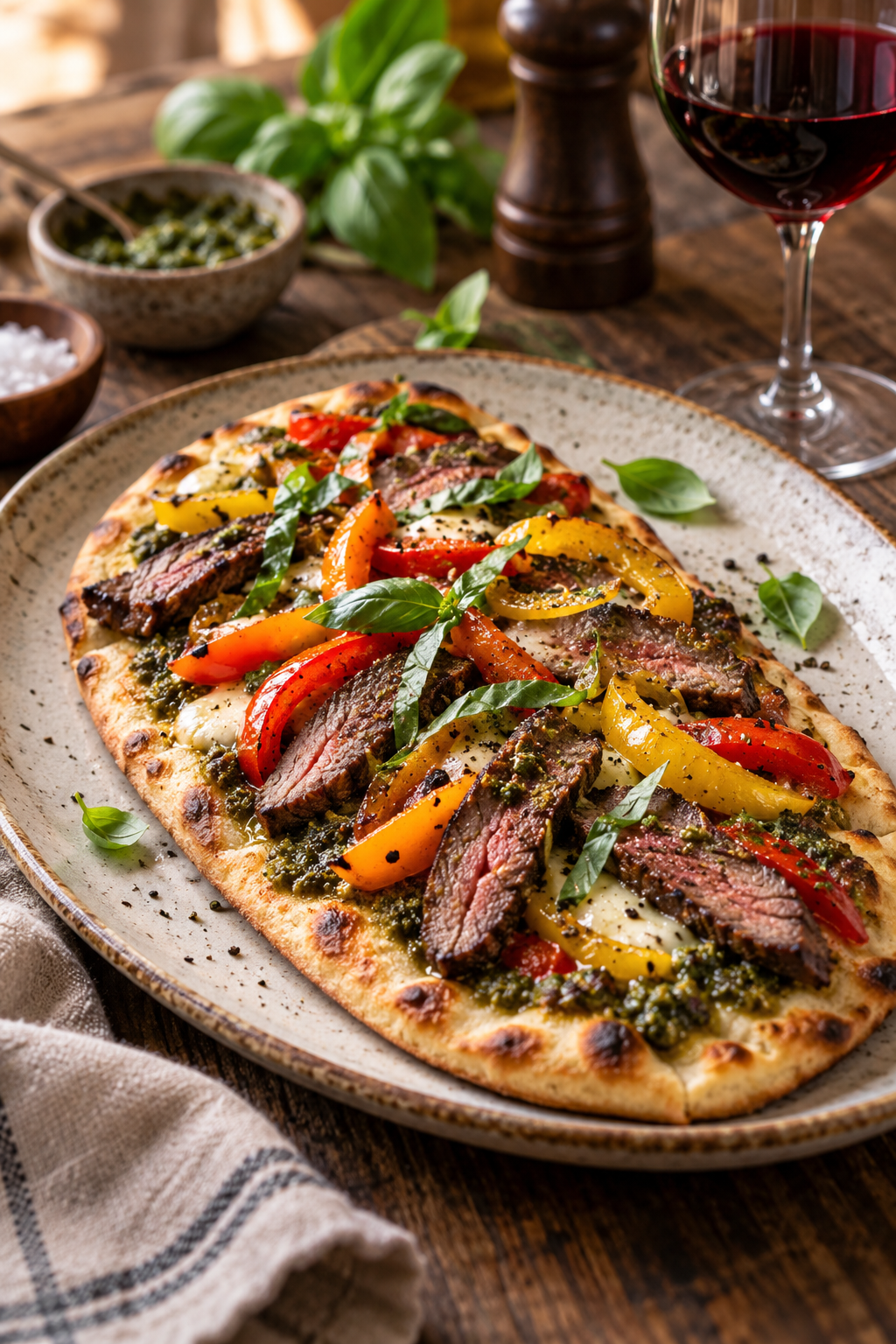 sirloin steak flatbread with pesto and bell peppers