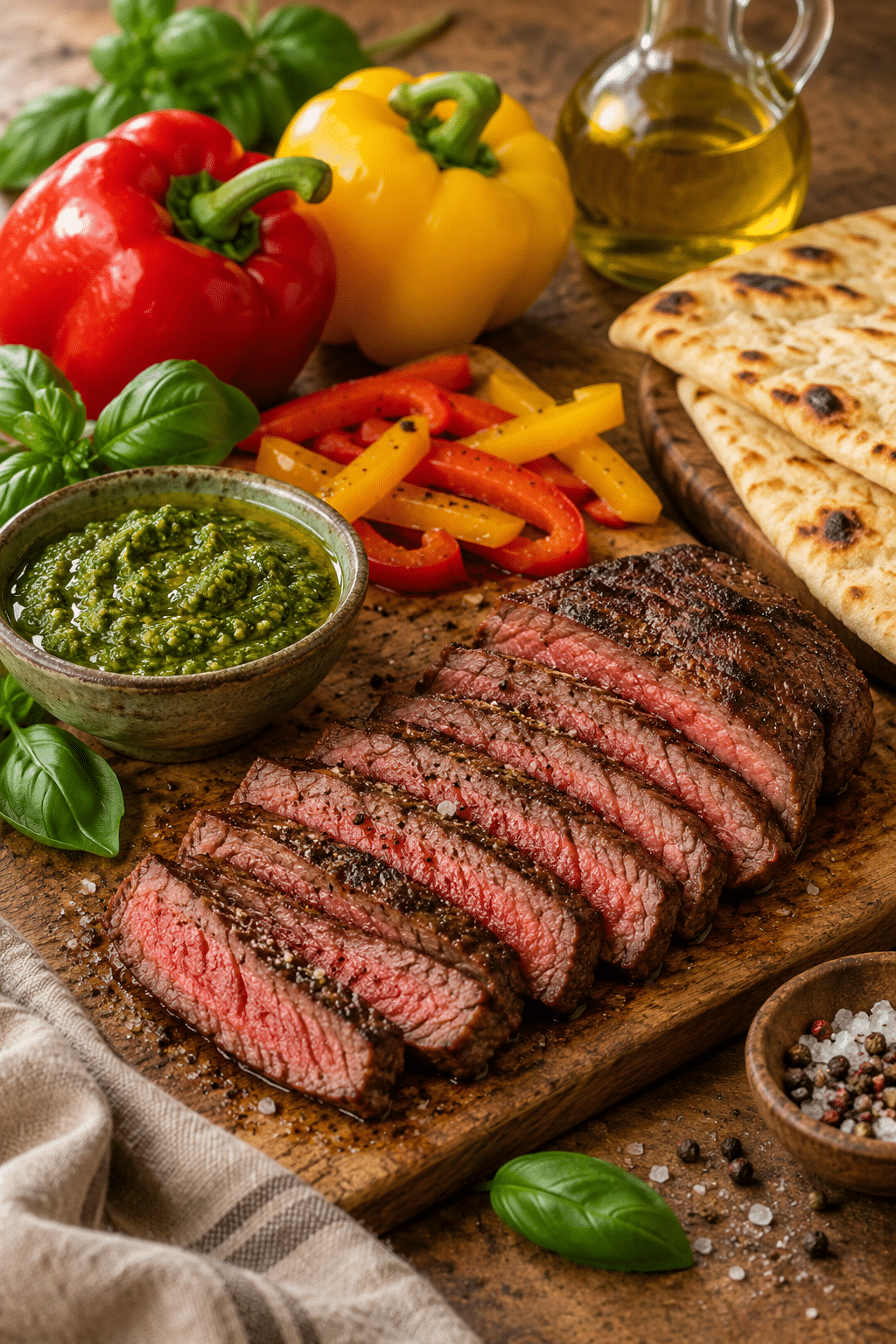 Ingredients for sirloin steak flatbread arranged on a counter