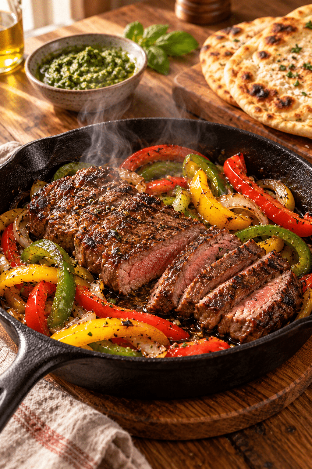 Sirloin steak and bell peppers cooking in a skillet