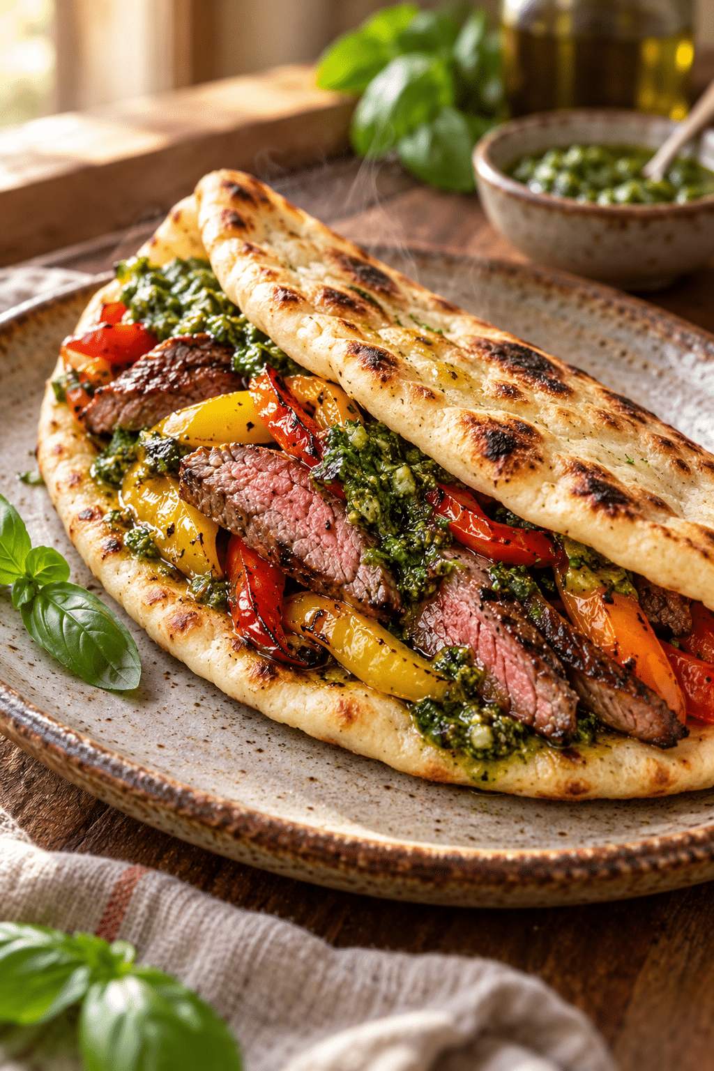 Finished sirloin steak flatbread served warm