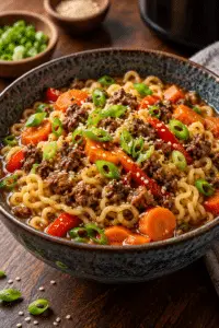slow cooker beef ramen noodles in a bowl