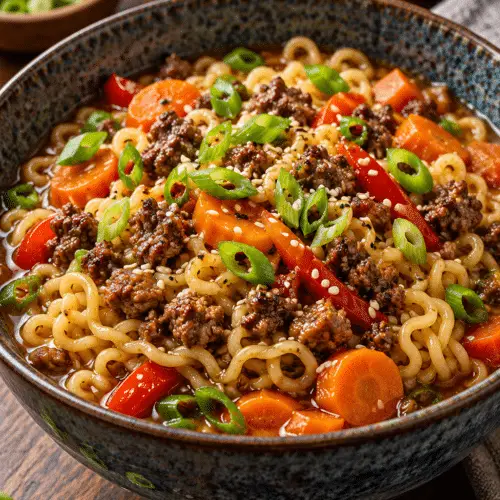 slow cooker beef ramen noodles in a bowl