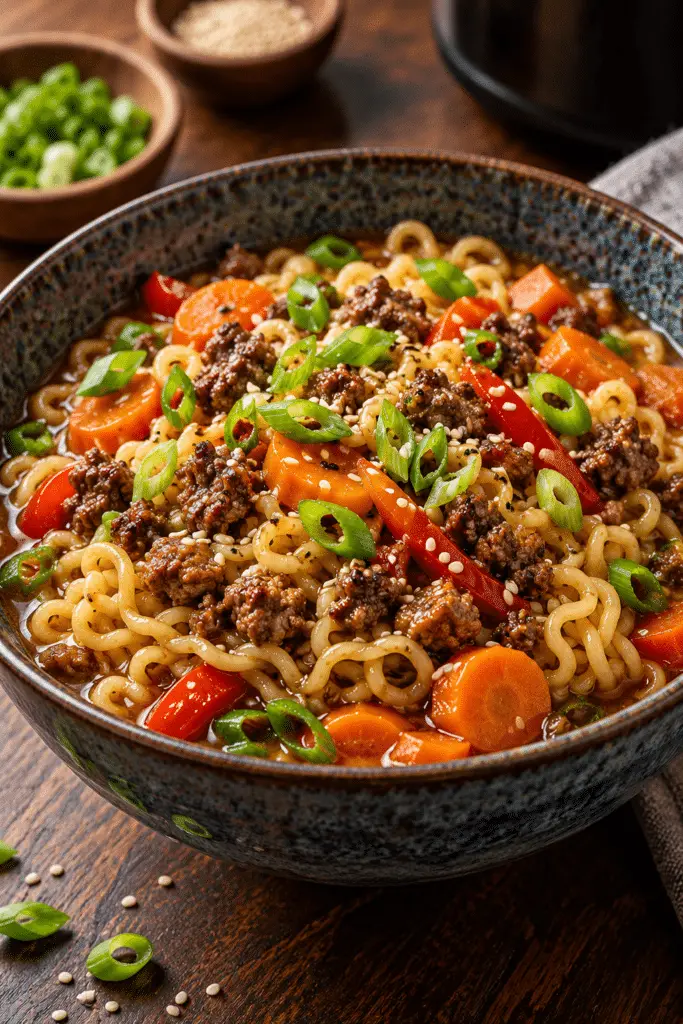 slow cooker beef ramen noodles in a bowl