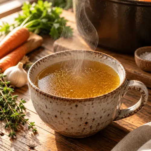 slow cooker bone broth in a serving cup