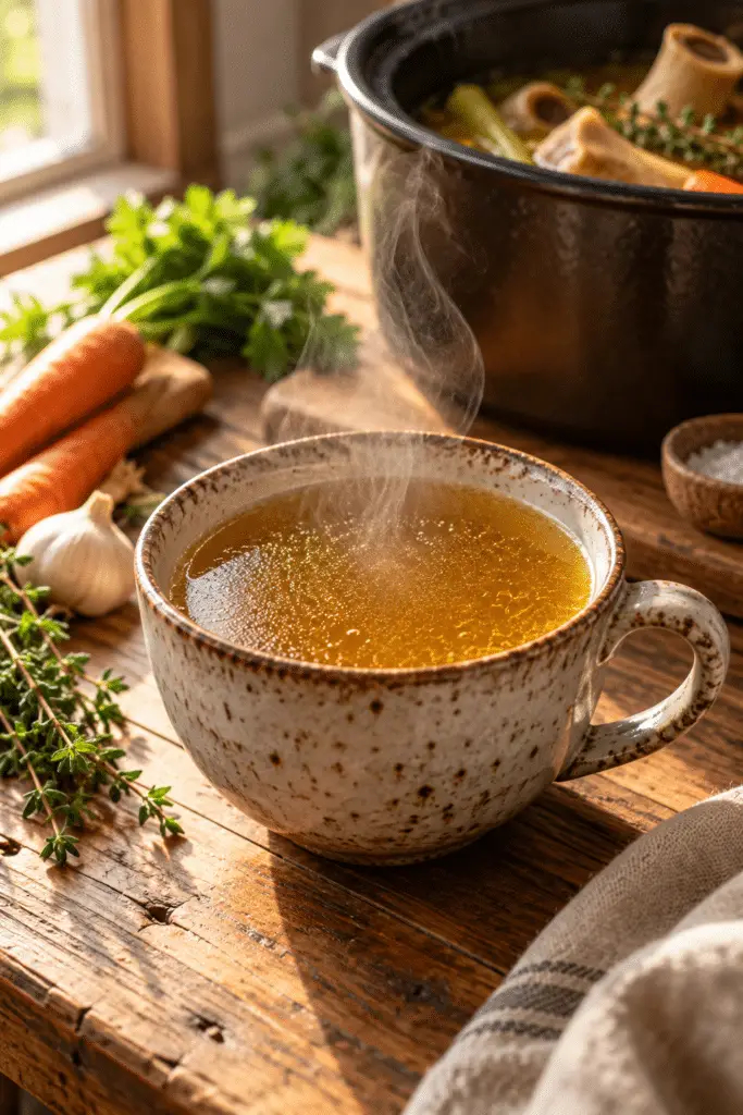 slow cooker bone broth in a serving cup