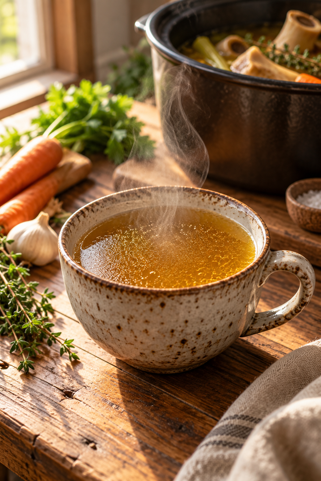 slow cooker bone broth in a serving cup