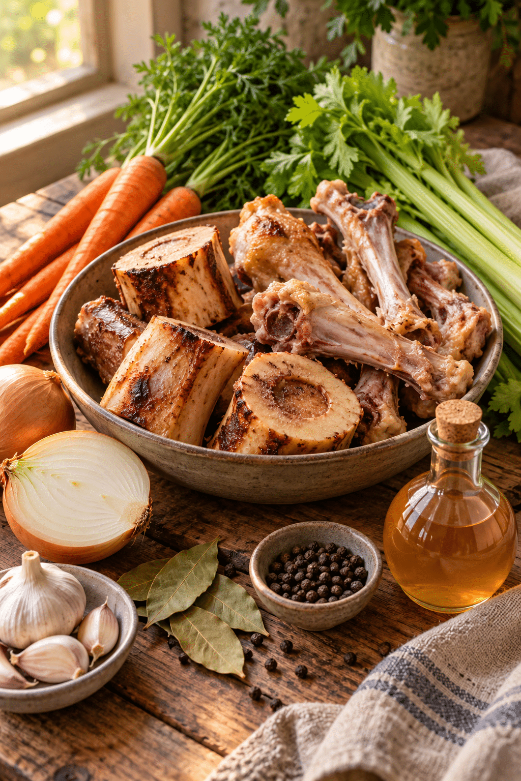 slow cooker bone broth ingredients measured and arranged