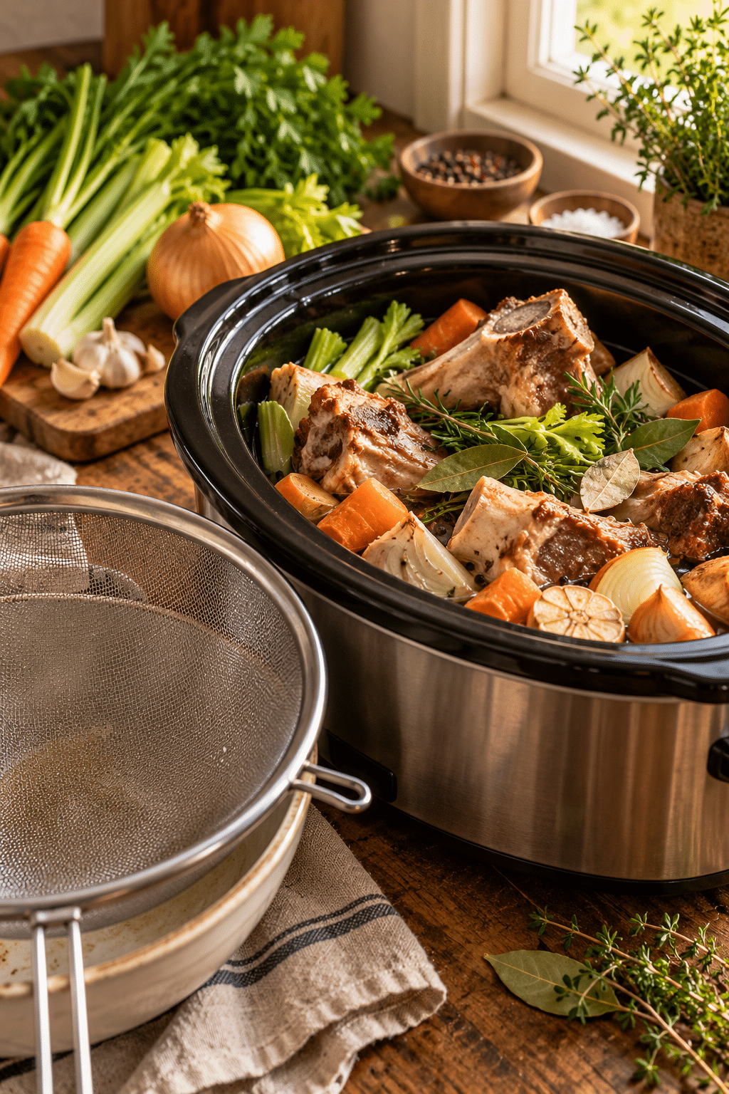 slow cooker bone broth being strained after a long simmer