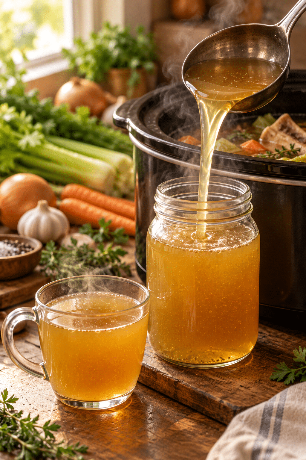 finished slow cooker bone broth in a warm serving cup