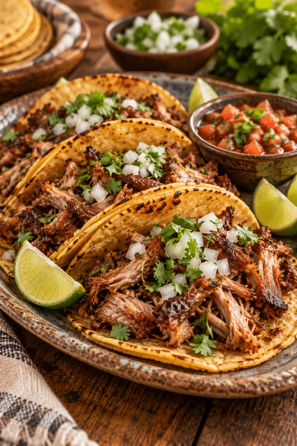 Crispy slow cooker carnitas served in tacos