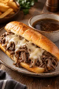 finished slow cooker French dip sandwich with au jus