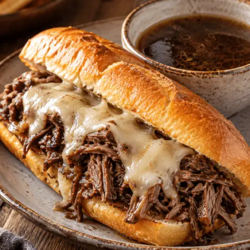 finished slow cooker French dip sandwich with au jus