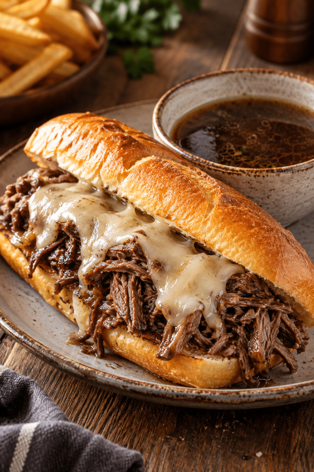 finished slow cooker French dip sandwich with au jus