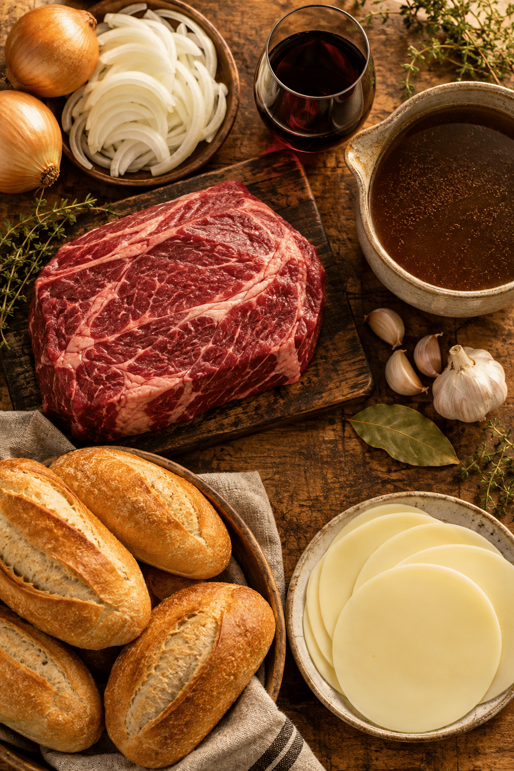 Ingredients for slow cooker French dip sandwiches