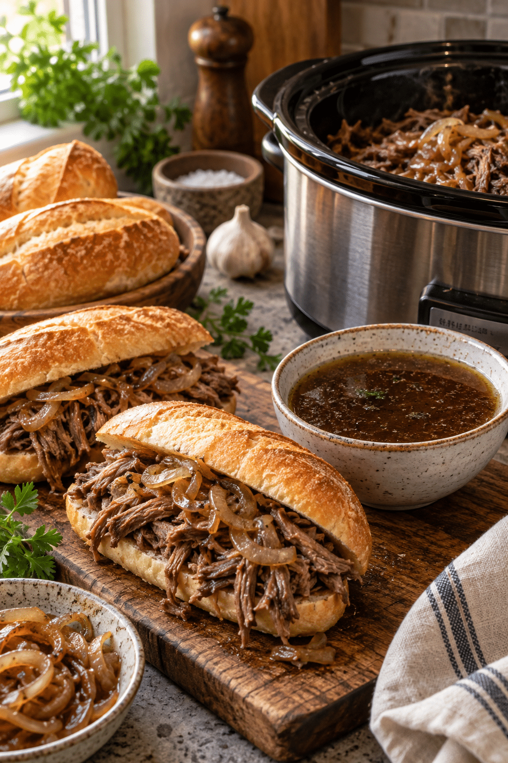 Slow cooker French dip sandwiches being assembled