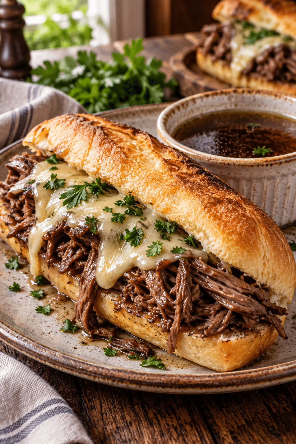 Finished slow cooker French dip sandwich with au jus