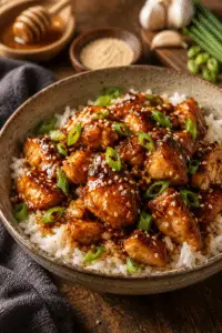 Slow cooker honey garlic chicken served with rice