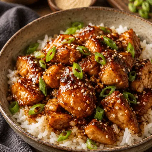 Slow cooker honey garlic chicken served with rice