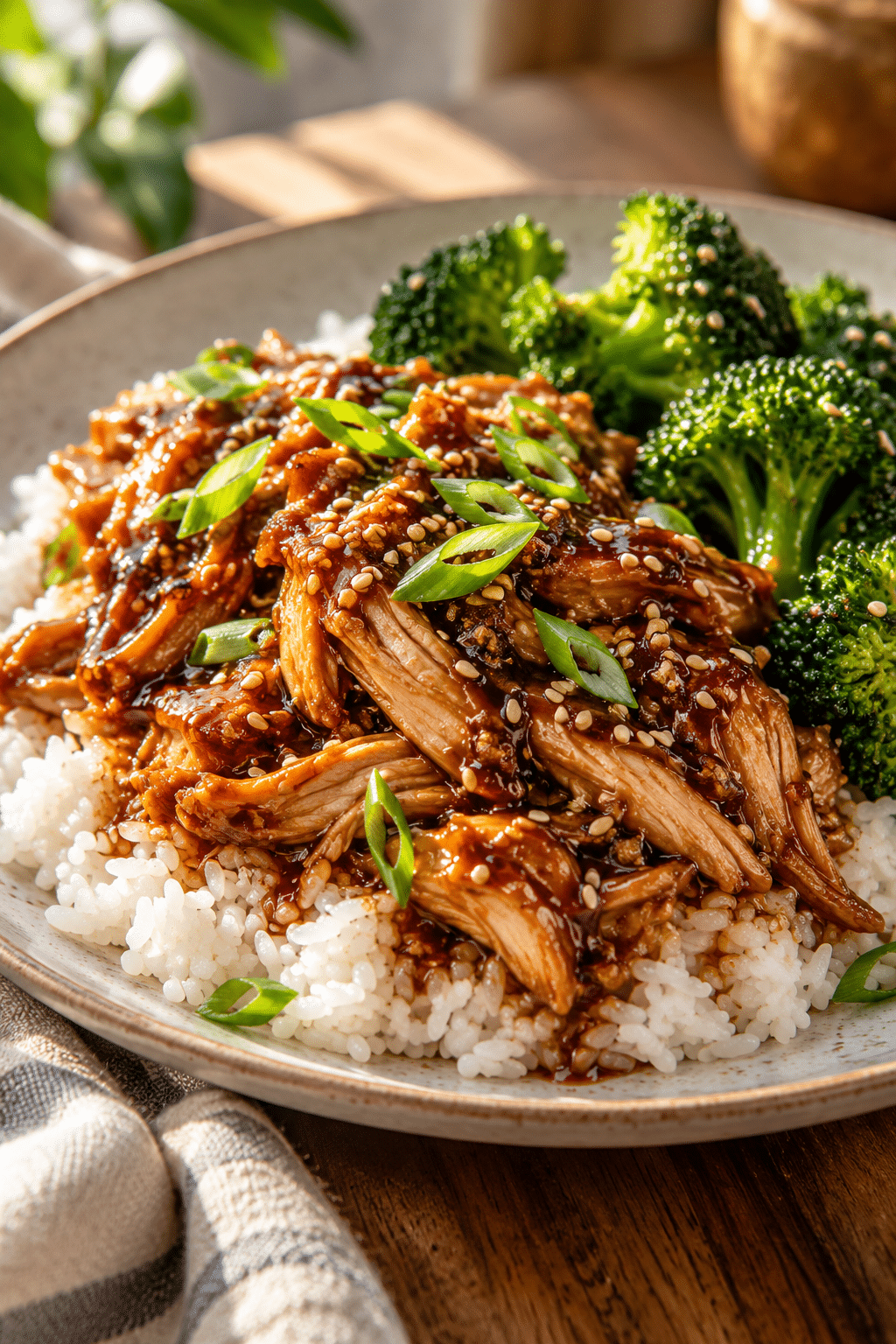 Finished slow cooker honey garlic chicken over rice
