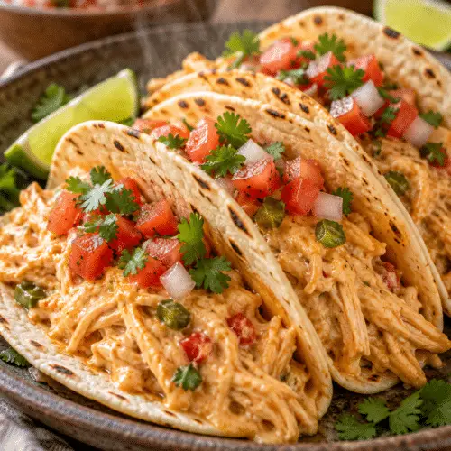 slow cooker queso chicken tacos with creamy queso and fresh toppings