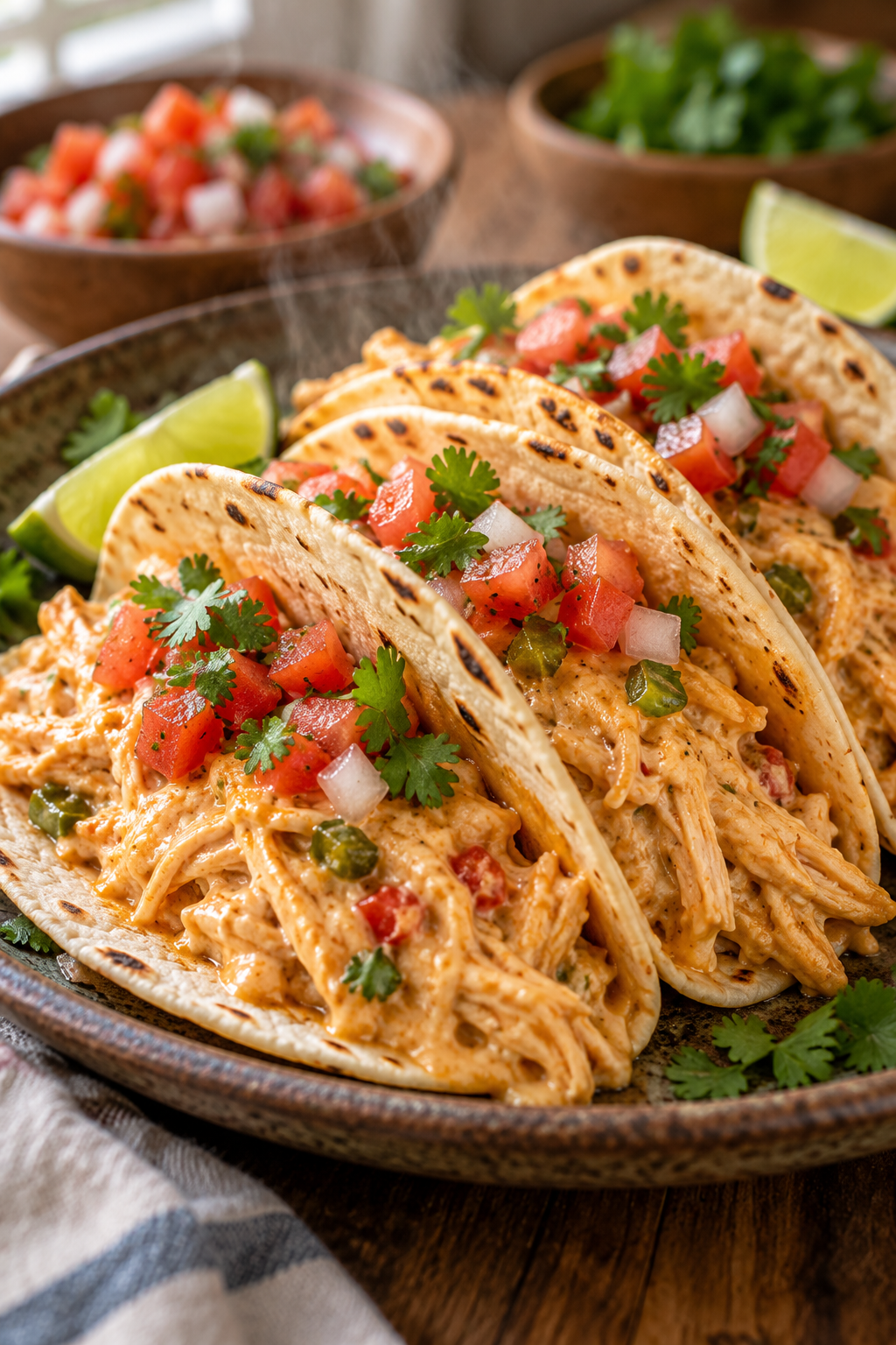 slow cooker queso chicken tacos with creamy queso and fresh toppings