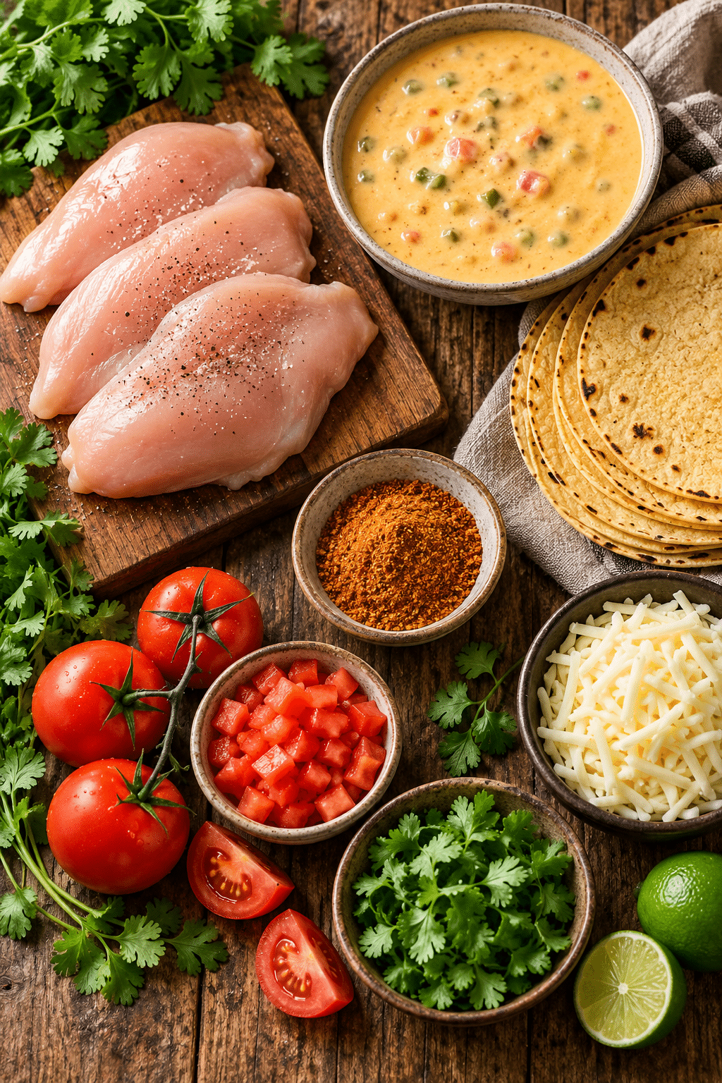 Ingredients for slow cooker queso chicken tacos