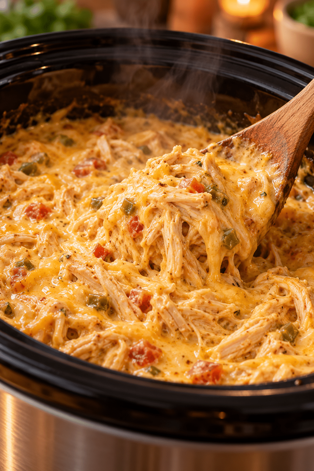 Shredded chicken and queso cooking in a slow cooker