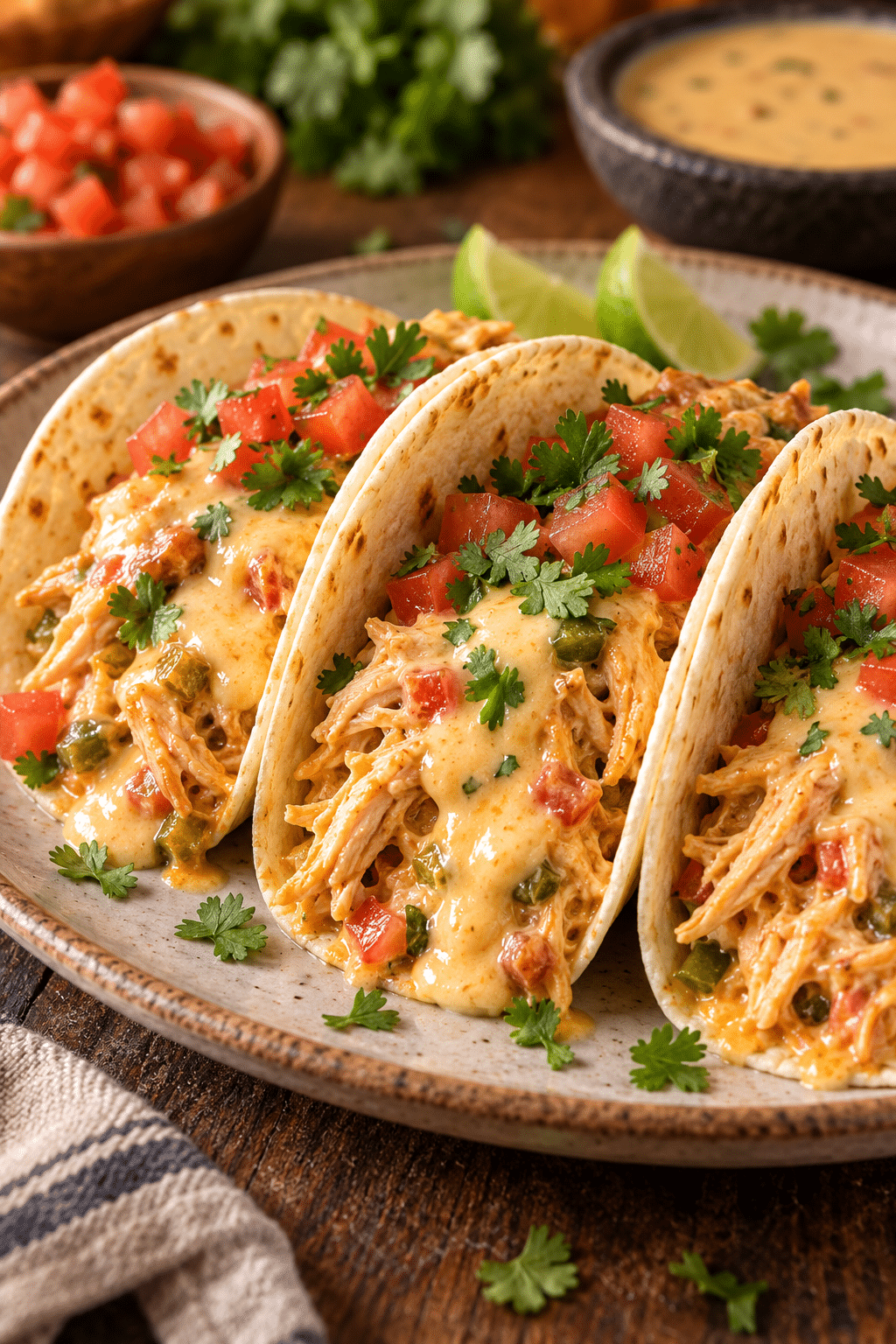 Finished slow cooker queso chicken tacos with fresh toppings