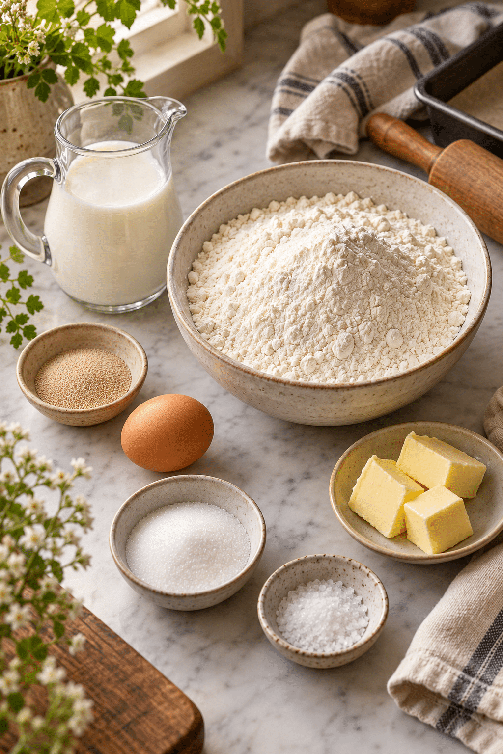 Ingredients for soft and fluffy dinner rolls