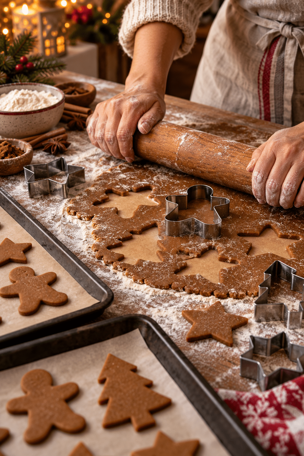 soft gingerbread cookies being cut and baked on lined sheets