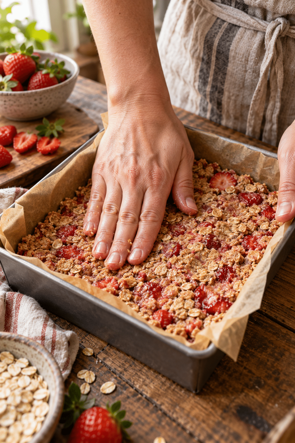 strawberry oat bars recipe mixture pressed into pan
