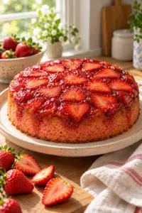 Strawberry upside down cake with glossy berries on top