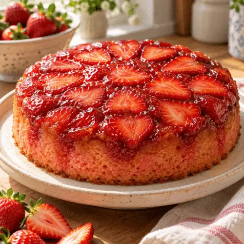 Strawberry upside down cake with glossy berries on top